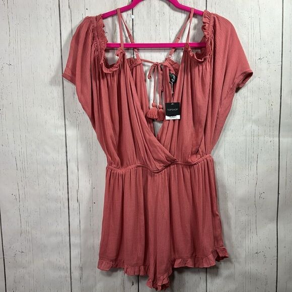 Topshop Cold Shoulder Ruffle V Neck Crinkle Light Pink Beachy Casual Romper - Picture 8 of 16